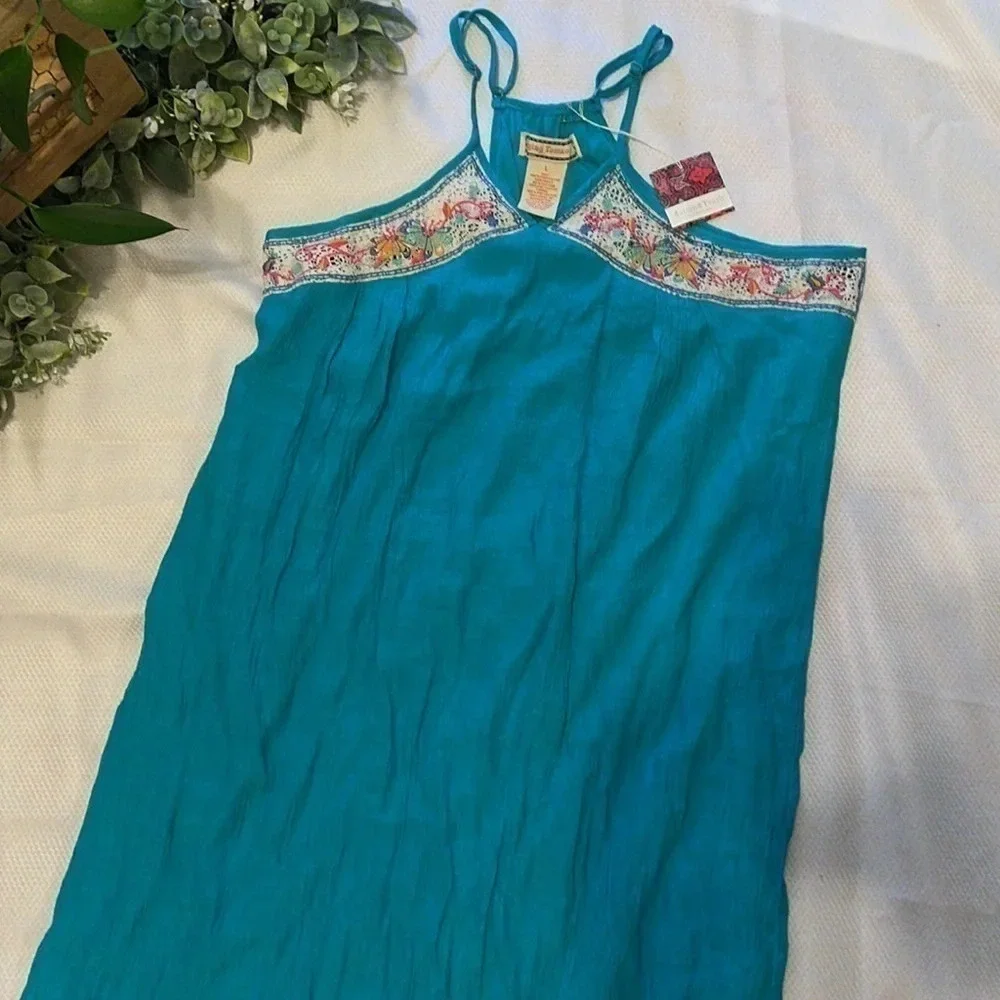 Flying tomato women’s dress maxi Large haute hippie boho blue embroider design